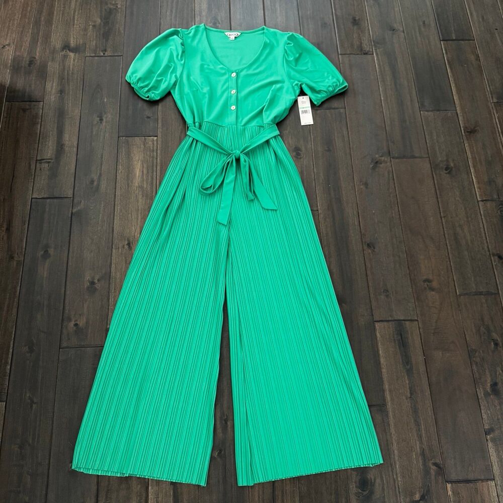 Nanette Lepore Lilly Pad Green Puff Sleeve Pleated Belted Jumpsuit 8 NWT